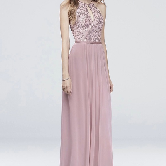 NWT David’s Bridal DB Studio High-Neck Sequin Mesh Gown with Keyhole - Picture 9 of 16